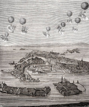 Grabado sobre el bombardeo de Venecia con globos en 1848.