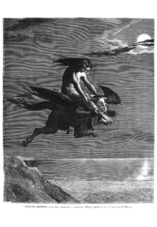 "Una Bruja Conducida Al Aquelarre", Grabado de Carlos Luis De Ribera (1875) 